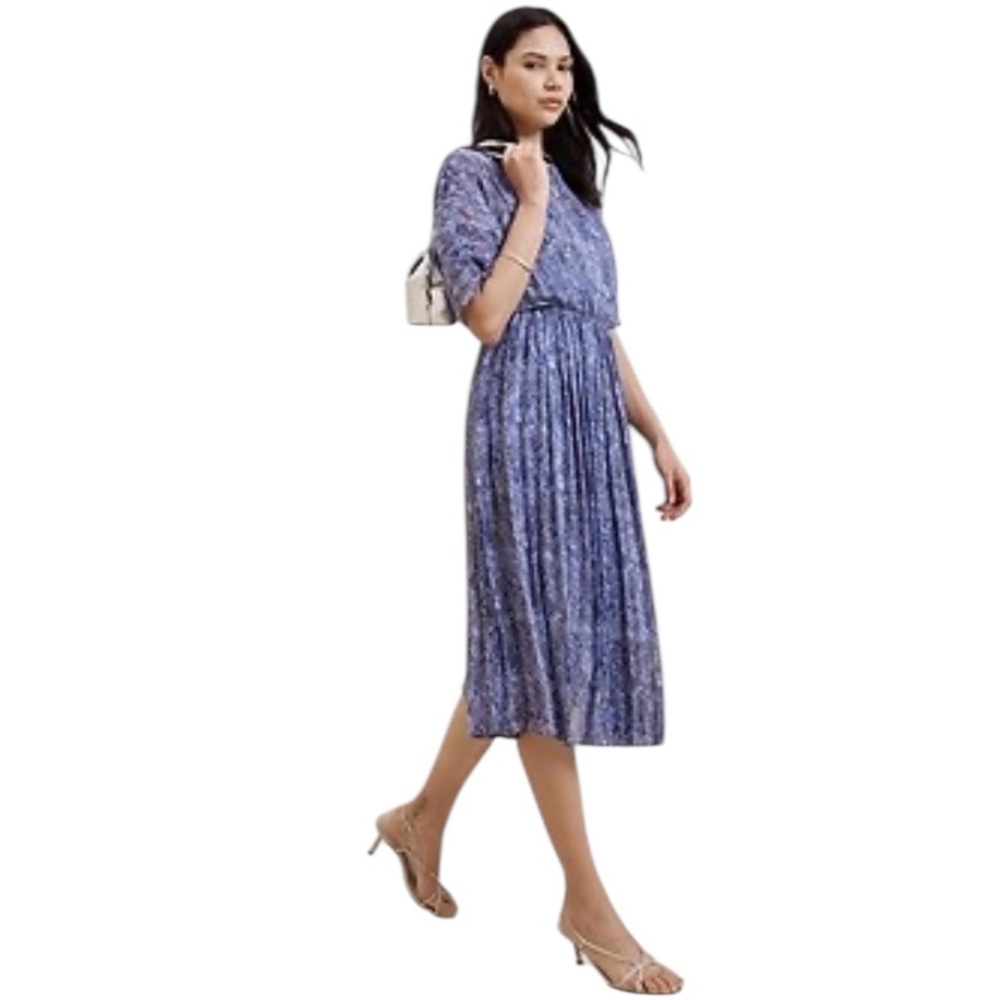 Banana Republic Lavender Blue Floral Pleated Midi Dress
